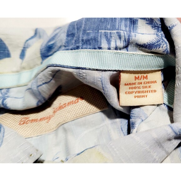 TOMMY BAHAMA Original Fit 100% Silk Sky Blue White Hawaiian Tropical Shirt NWOT - Picture 11 of 12